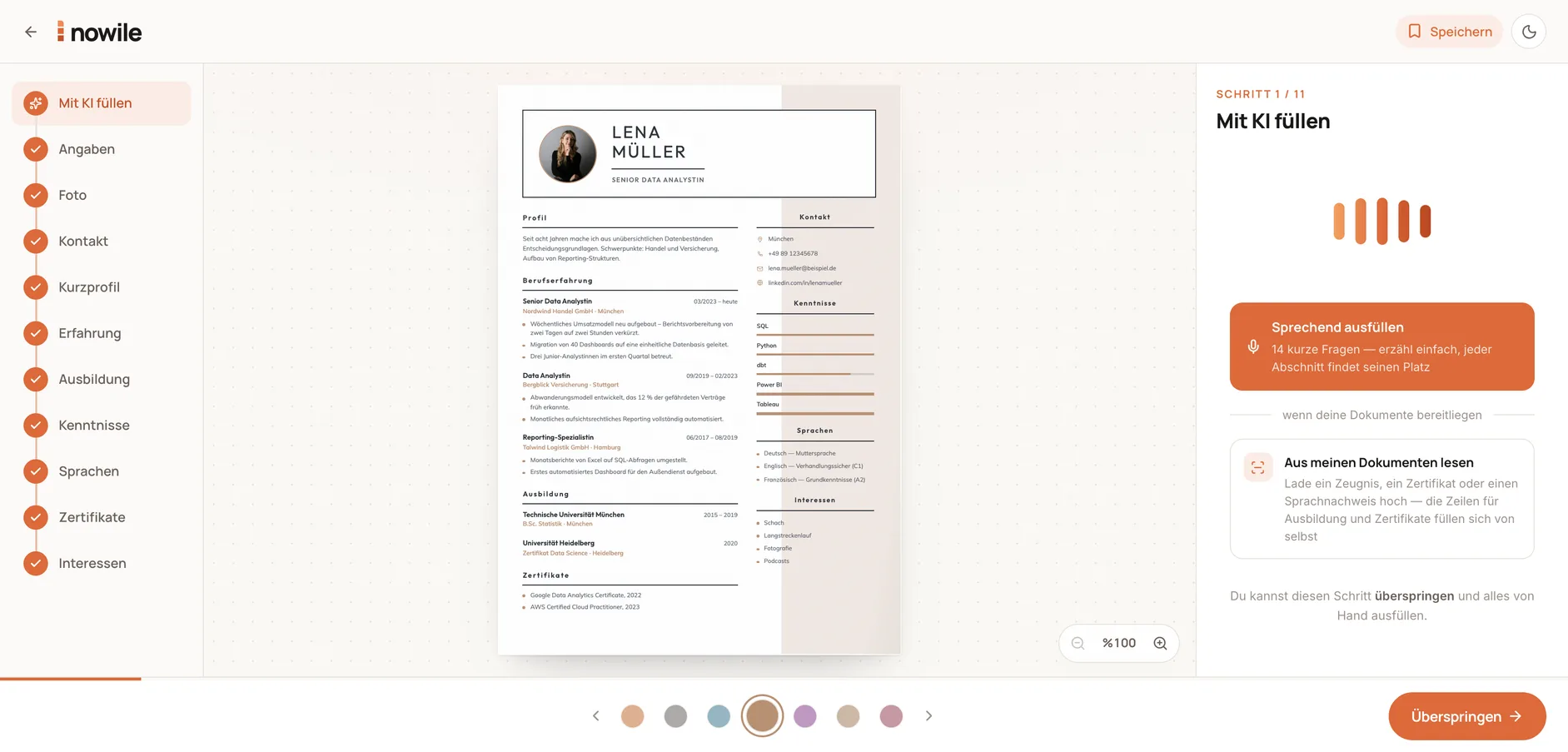 nowile browser editor — steps on the left, the live page in the middle, the AI panel on the right