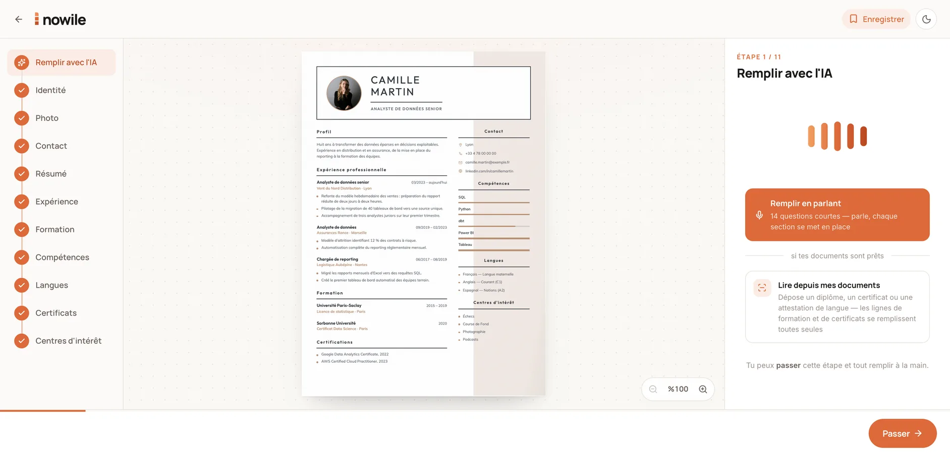nowile browser editor — steps on the left, the live page in the middle, the AI panel on the right