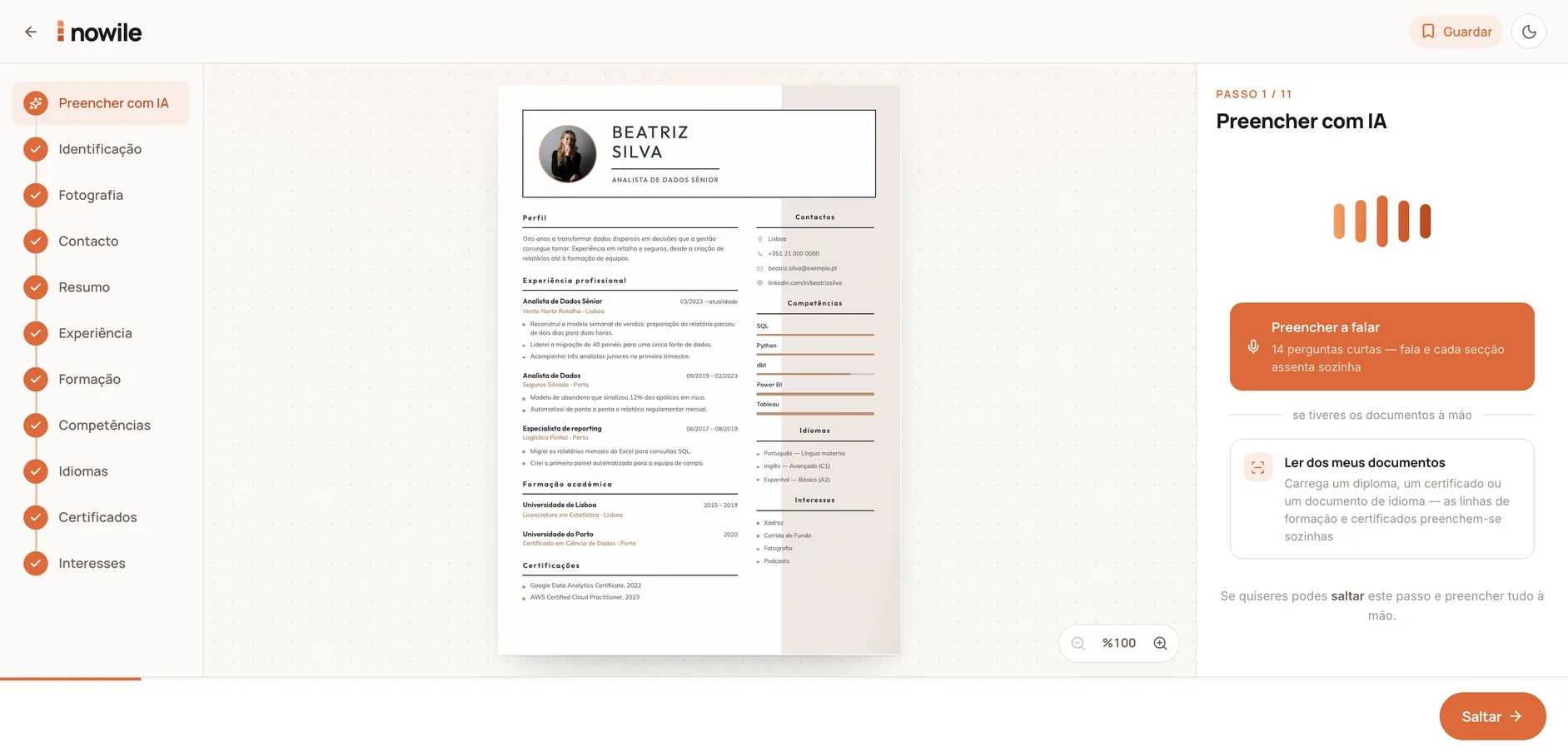 nowile browser editor — steps on the left, the live page in the middle, the AI panel on the right