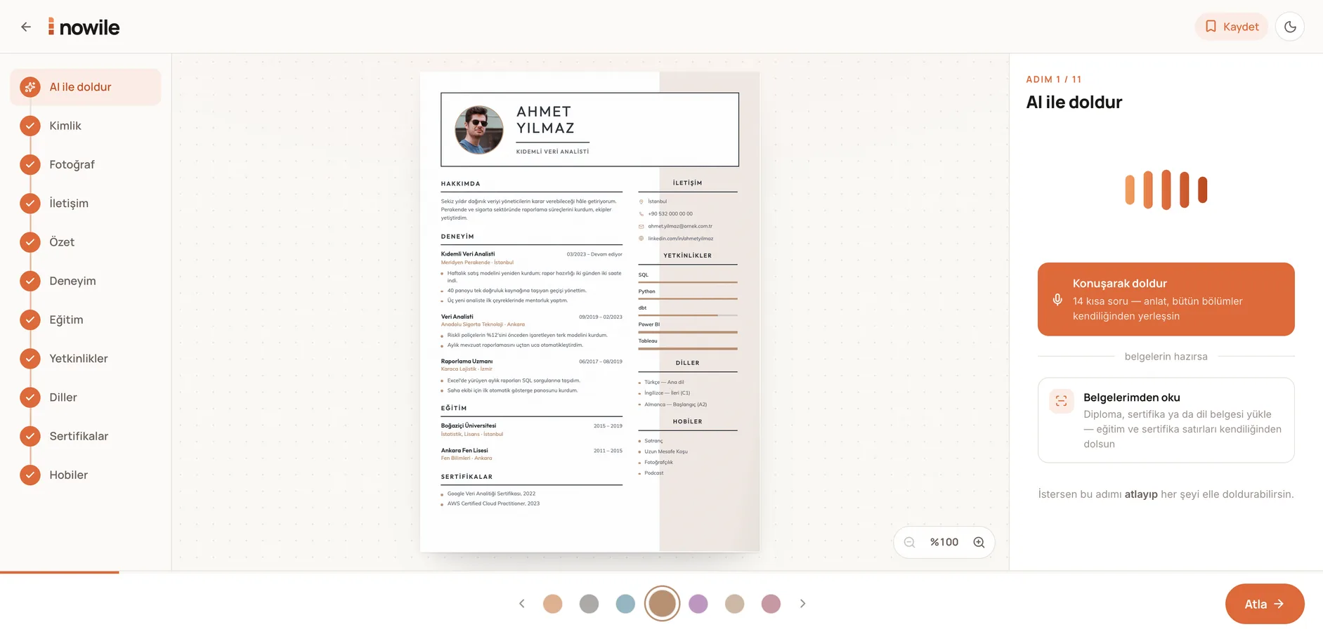 nowile browser editor — steps on the left, the live page in the middle, the AI panel on the right